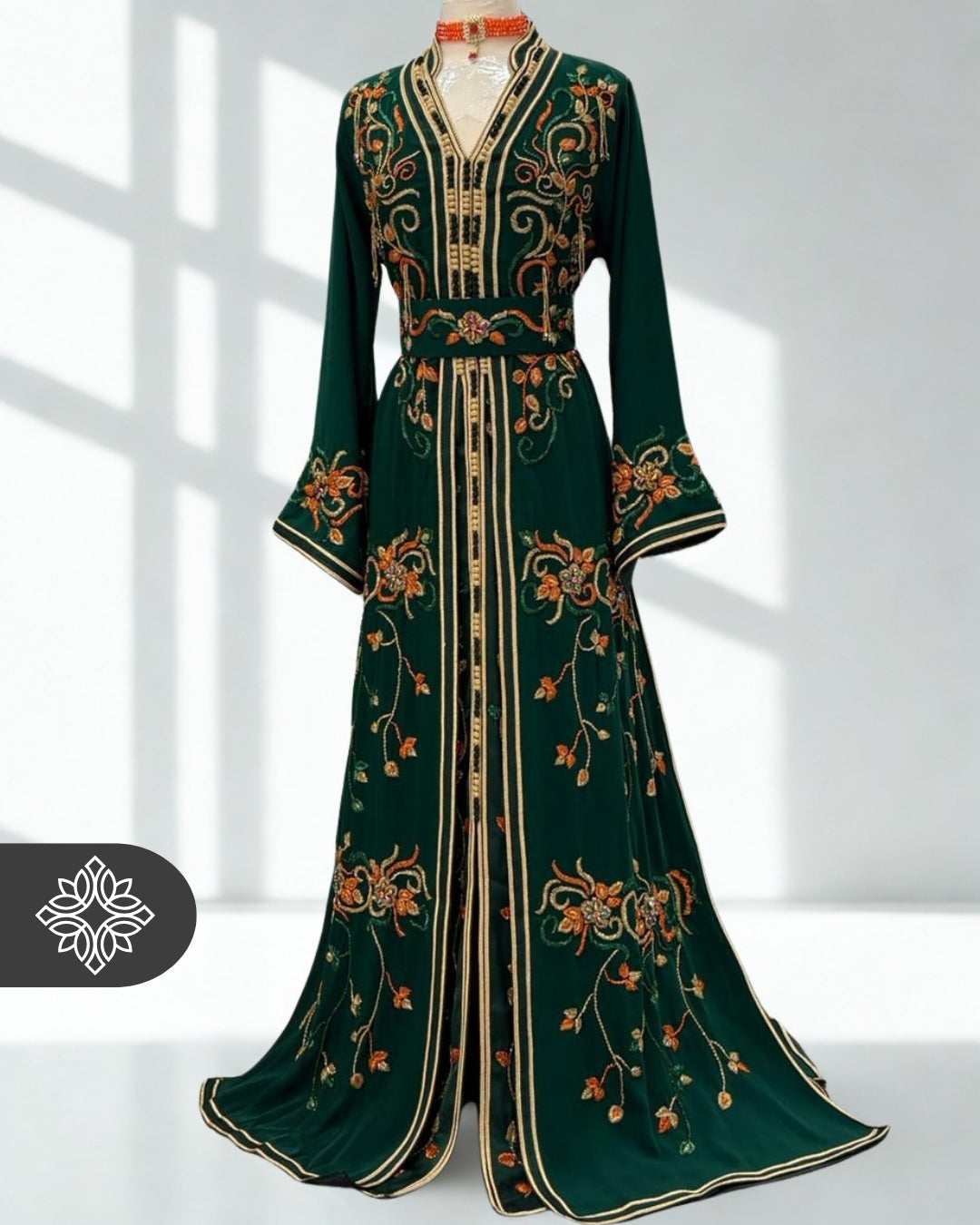 Deep Emerald Moroccan Takchita | Luxury Floral Kaftan | Golden Tonal Embroidery