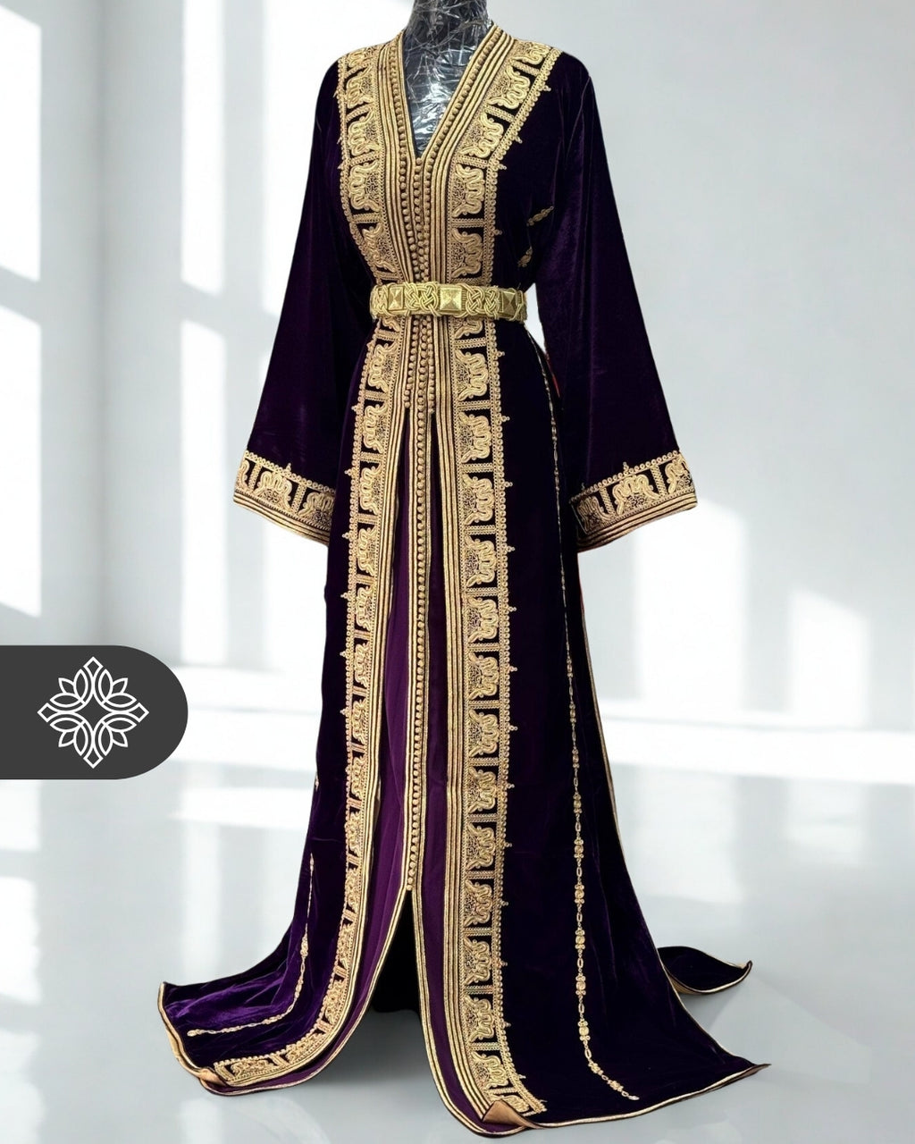 Deep Plum Moroccan Takchita | Luxury Velvet Couture Two-Piece Kaftan | Golden Tonal Embroidery