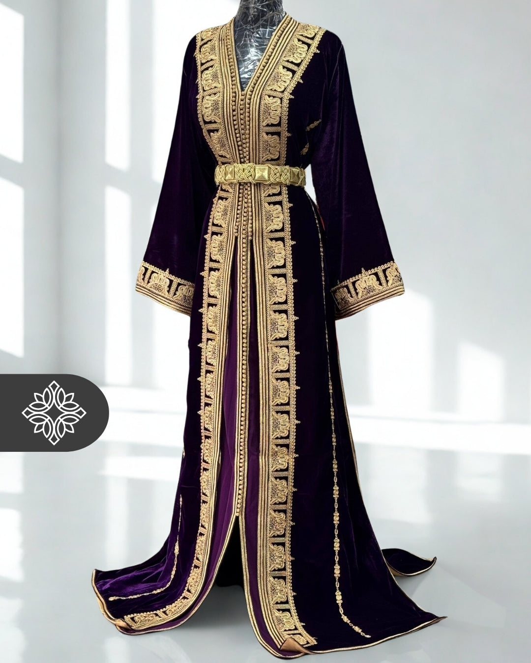 Deep Plum Moroccan Takchita | Luxury Velvet Couture Two-Piece Kaftan | Golden Tonal Embroidery