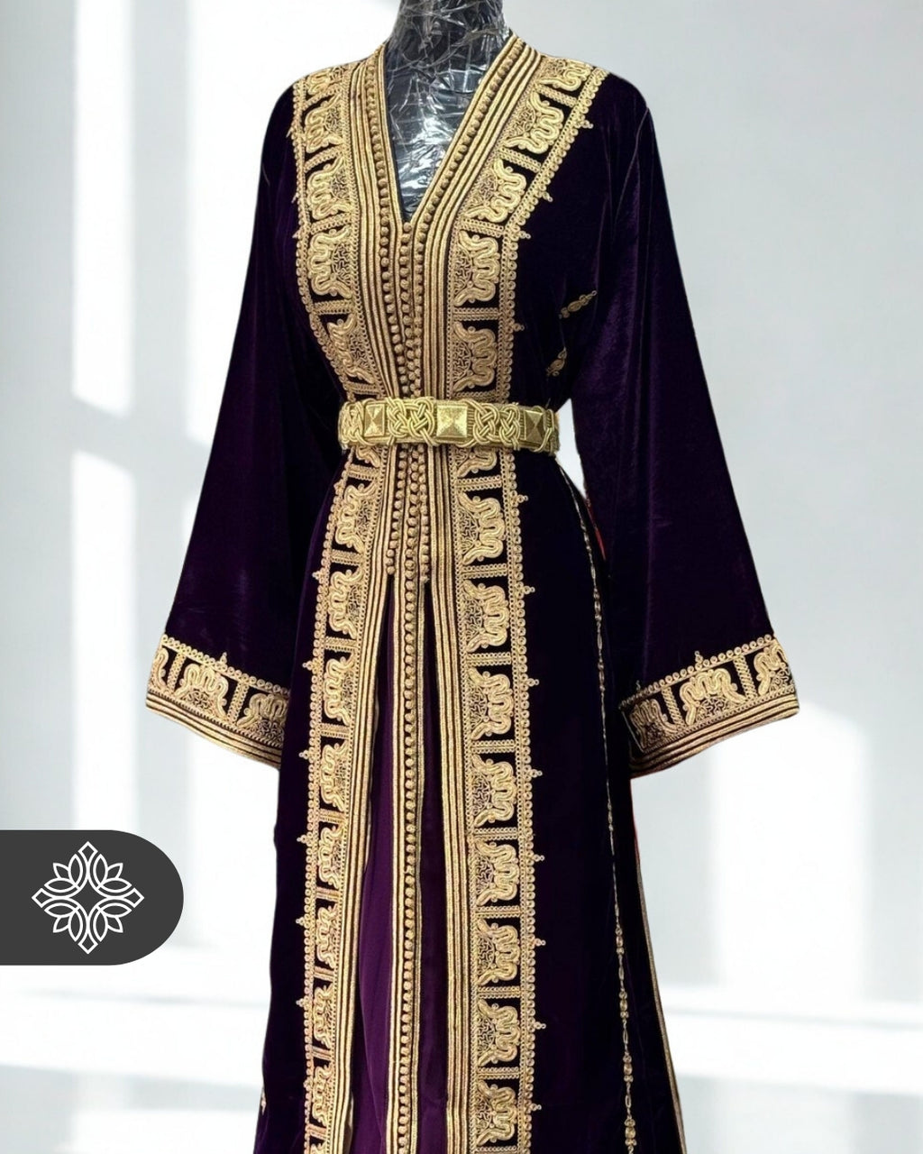 Deep Plum Moroccan Takchita | Luxury Velvet Couture Two-Piece Kaftan | Golden Tonal Embroidery