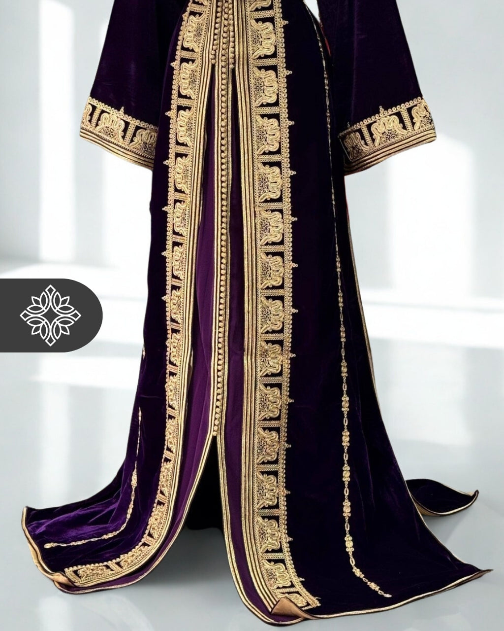 Deep Plum Moroccan Takchita | Luxury Velvet Couture Two-Piece Kaftan | Golden Tonal Embroidery