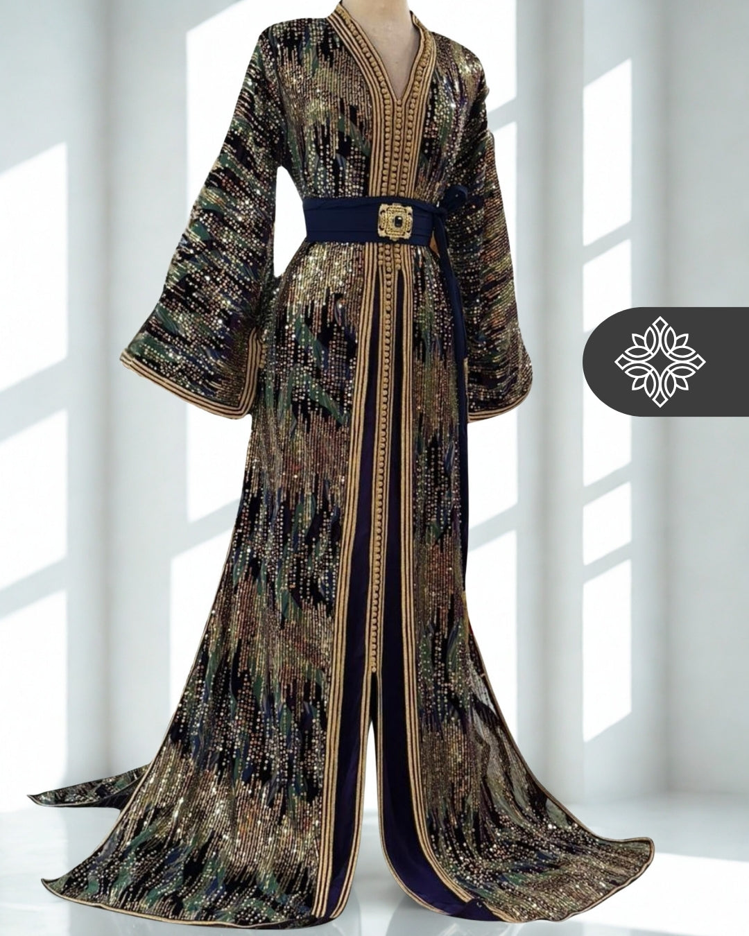 Caftan marocain deux pièces noir et or | Broderie de sequins | Takchita de luxe