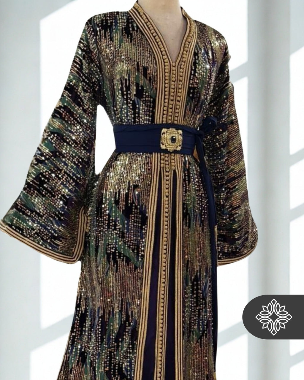 Two-Piece Moroccan Kaftan Green & Sand | Sequin Embroidery | Luxury Takchita
