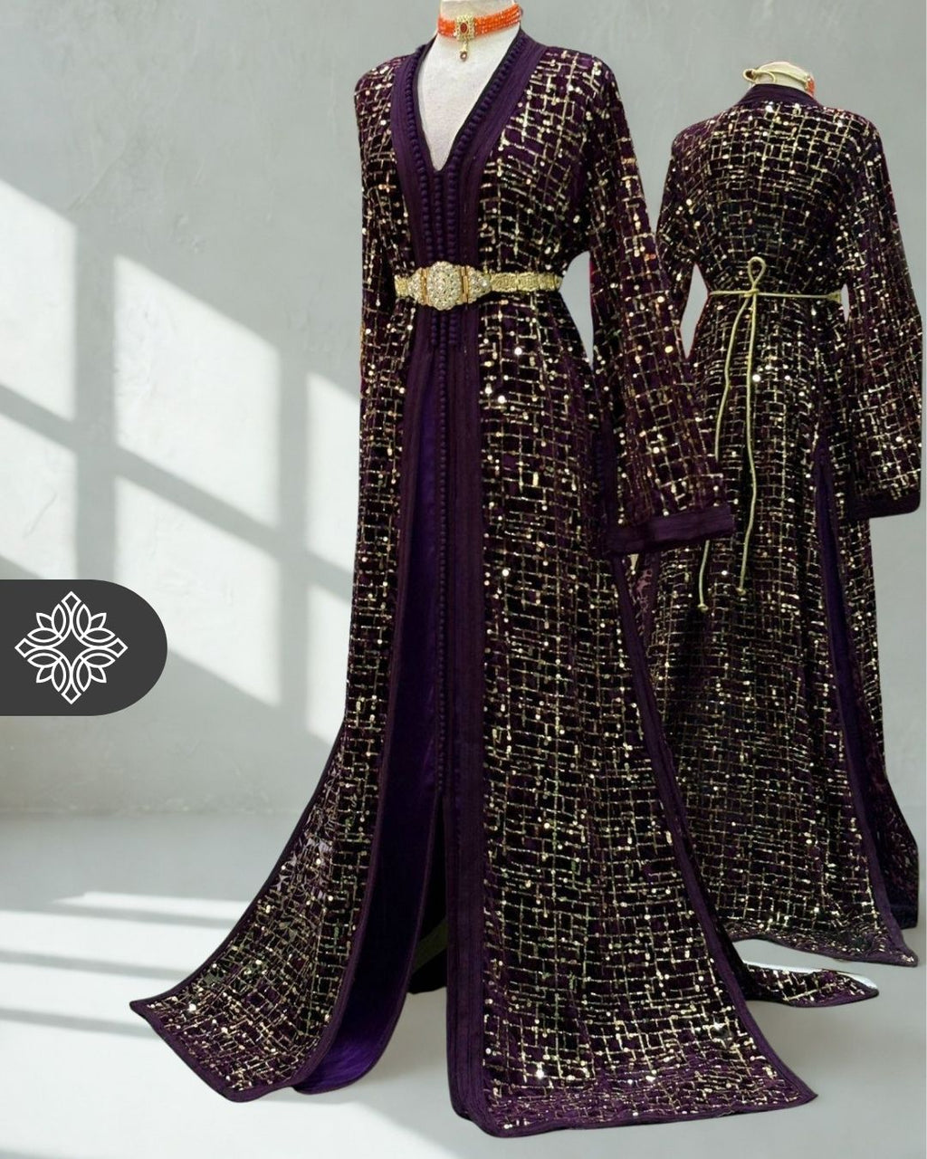 Deep Plum Two-Piece Kaftan | Luxury Gold Lattice Embroidery | Moroccan Takchita