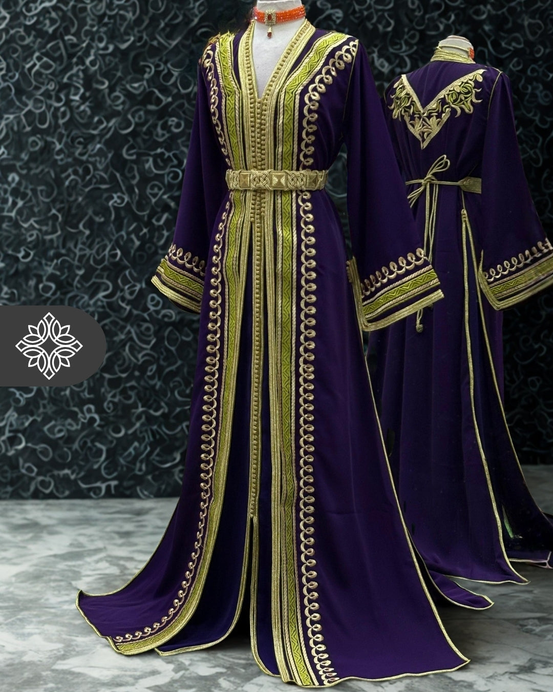 Royal Green & Red Two Piece Kaftan Takchita with Gold Embroidery