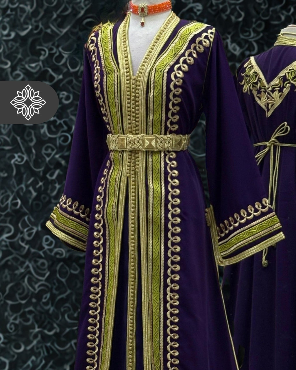 Royal Green & Red Two Piece Kaftan Takchita with Gold Embroidery