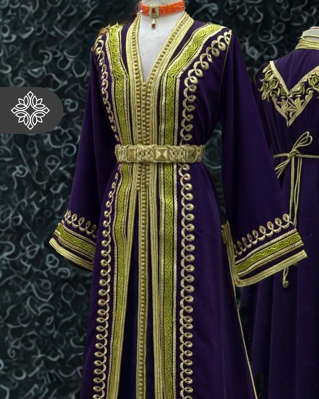 Burgundy Two Piece Moroccan Kaftan, Takshita with Sky Blue Stitching and Gold Embroidery