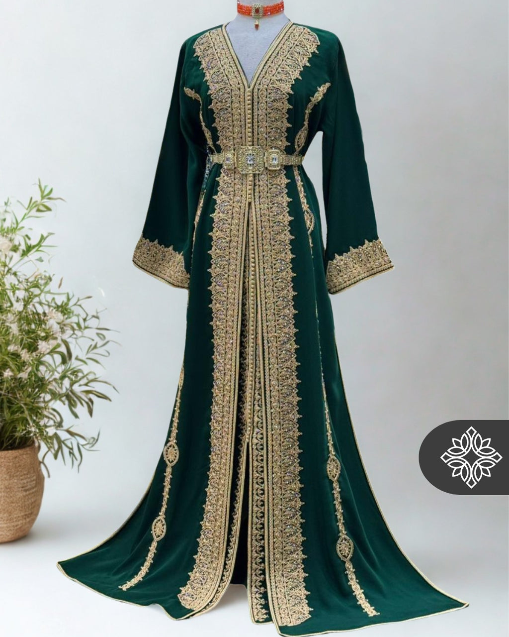 Royal Moroccan Two-Piece Kaftan | Green & Gold Embroidered Luxury