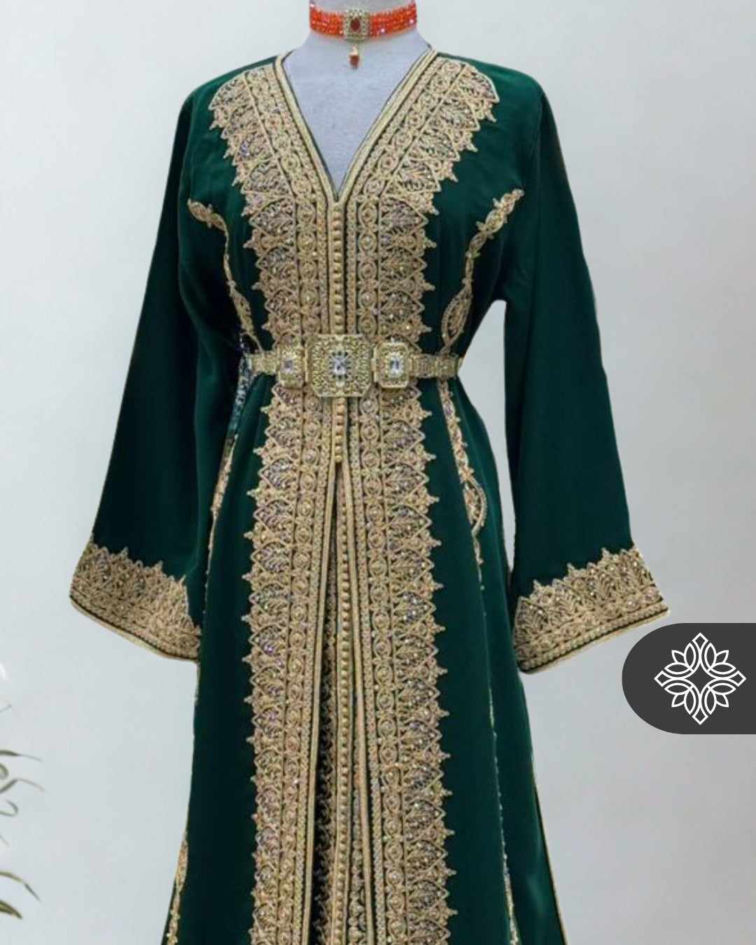 Royal Moroccan Two-Piece Kaftan | Green & Gold Embroidered Luxury