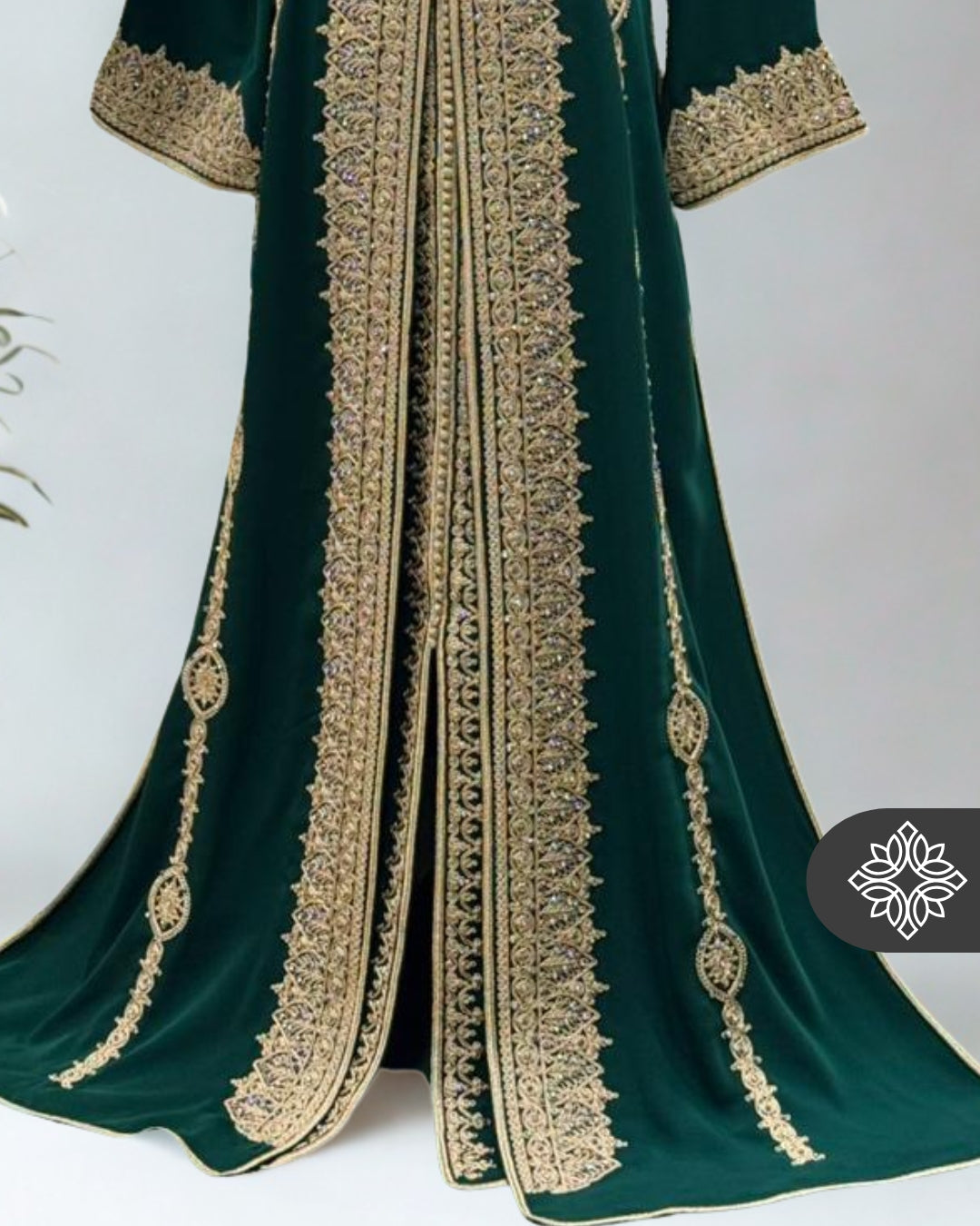 Royal Moroccan Two-Piece Kaftan | Green & Gold Embroidered Luxury
