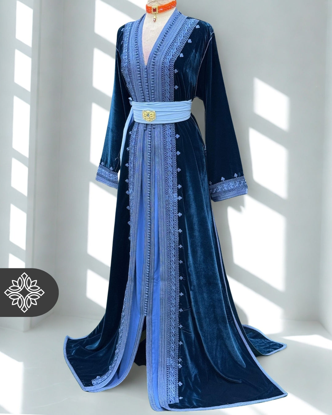 Crimson Rouge Moroccan Two-Piece Kaftan | Sky Blue Embroidered Velvet