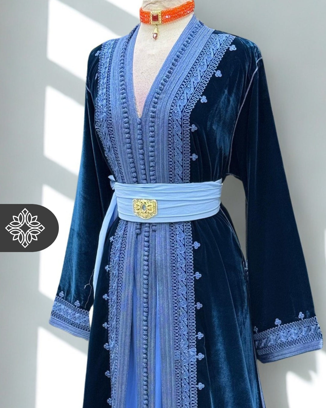 Deep Sapphire Moroccan Two-Piece Kaftan | Sky Blue Embroidered Velvet