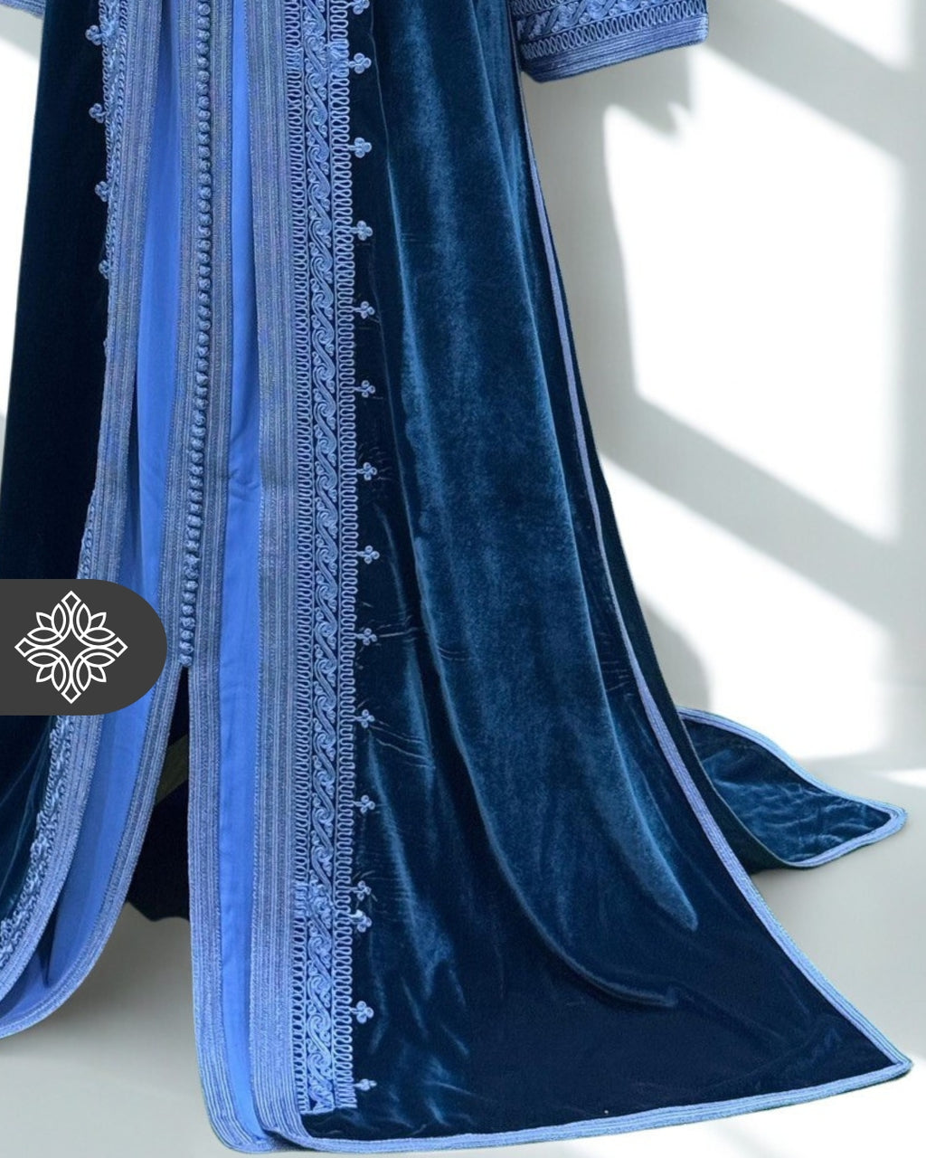 Olive Gold Moroccan Two-Piece Kaftan | Sky Blue Embroidered Velvet