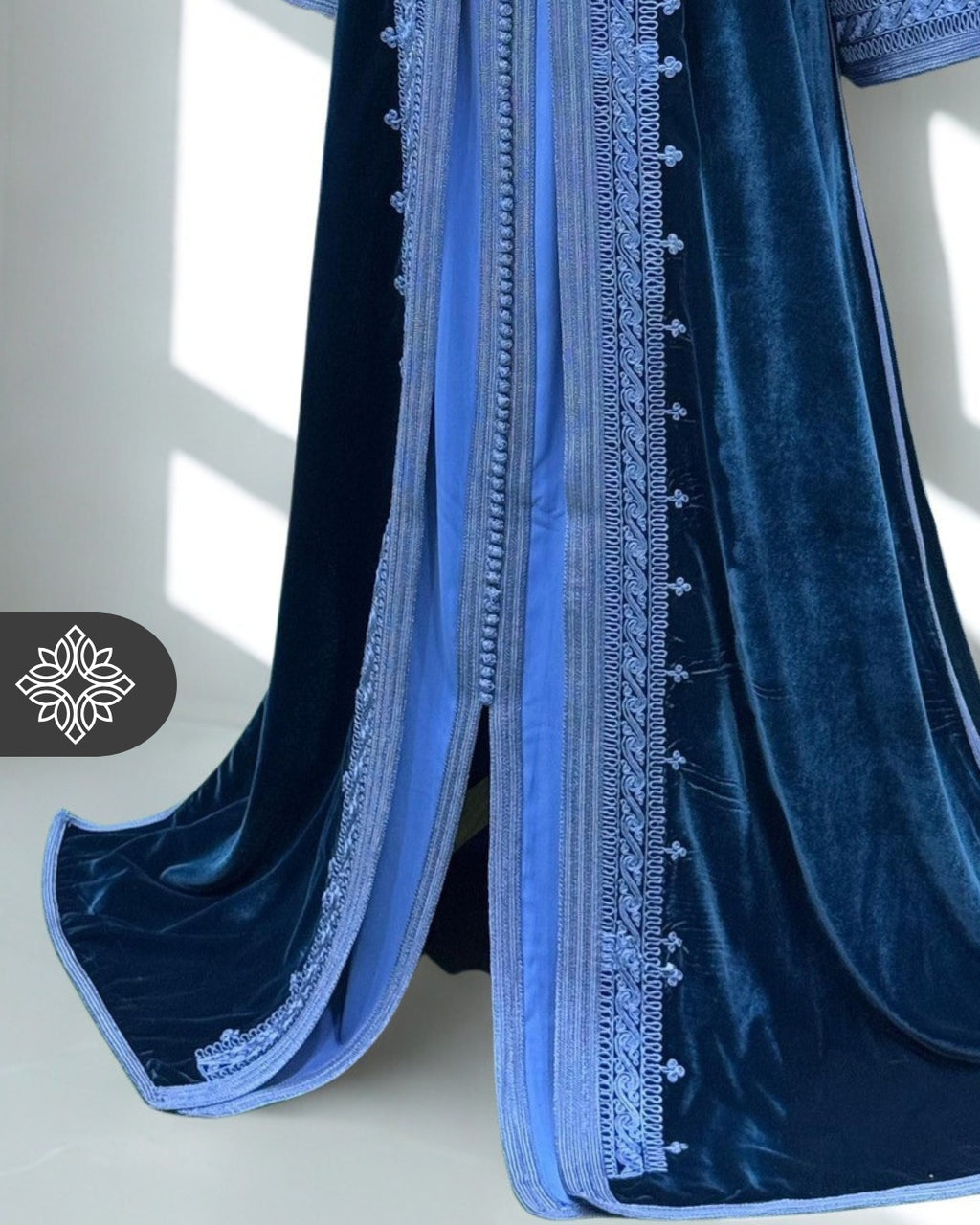 Olive Gold Moroccan Two-Piece Kaftan | Sky Blue Embroidered Velvet