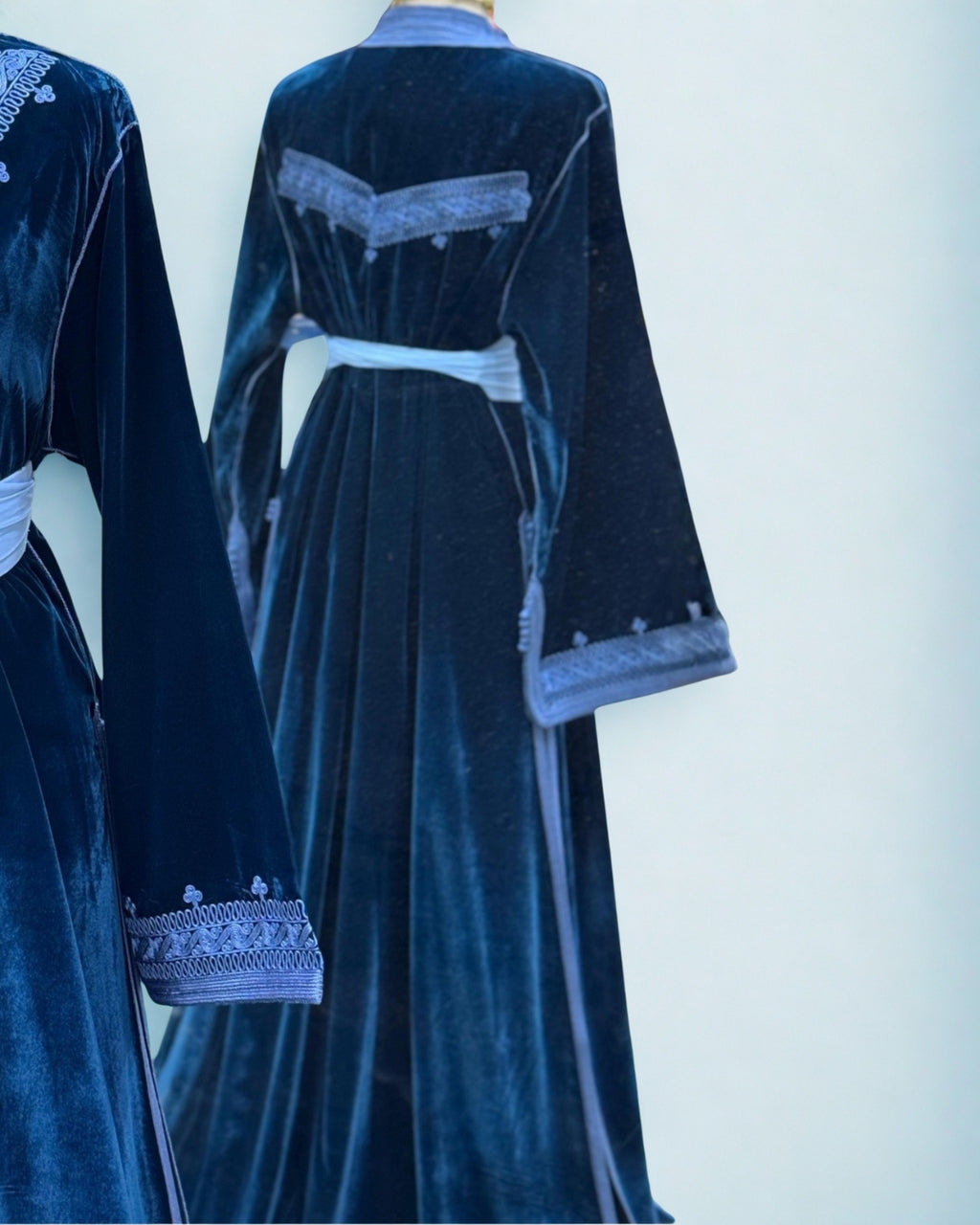 Olive Gold Moroccan Two-Piece Kaftan | Sky Blue Embroidered Velvet