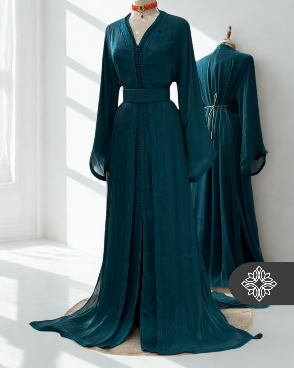 Deep Teal Moroccan Takchita | Royal Organza Two-Piece Kaftan