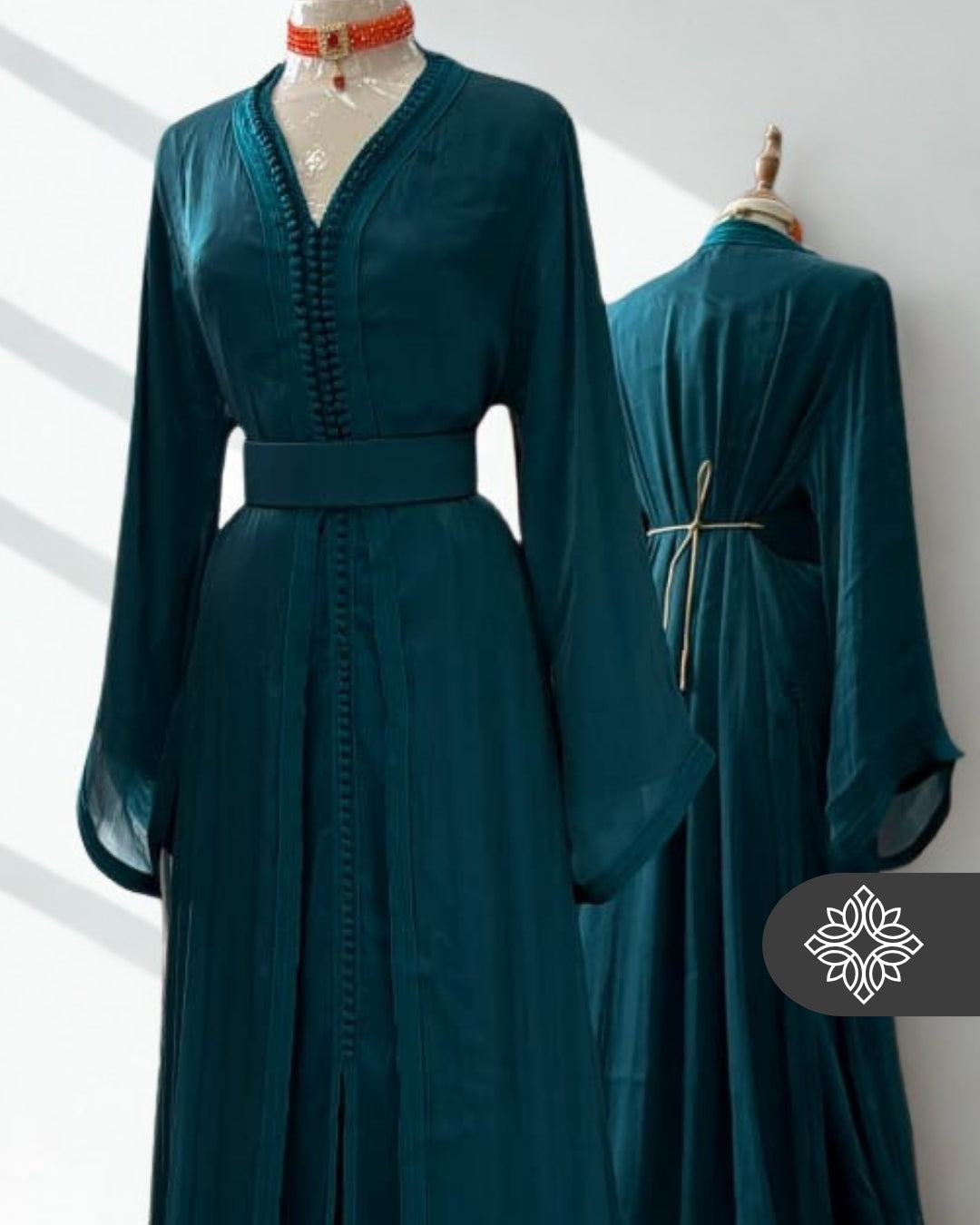 Deep Teal Moroccan Takchita | Royal Organza Two-Piece Kaftan