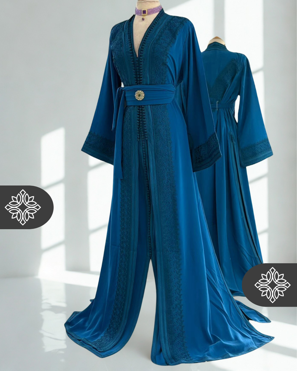 Caftan marocain bleu deux pièces | Broderie ton sur ton | Takchita élégante | Robe caftan