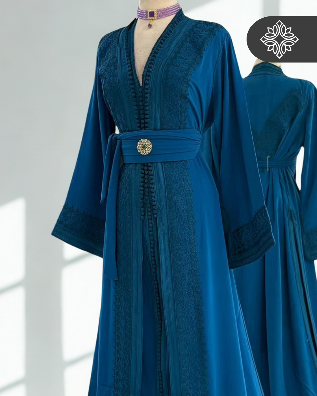 Blue Moroccan Two-Piece Kaftan | Tonal Embroidery | Elegant Takchita | Caftan Dress