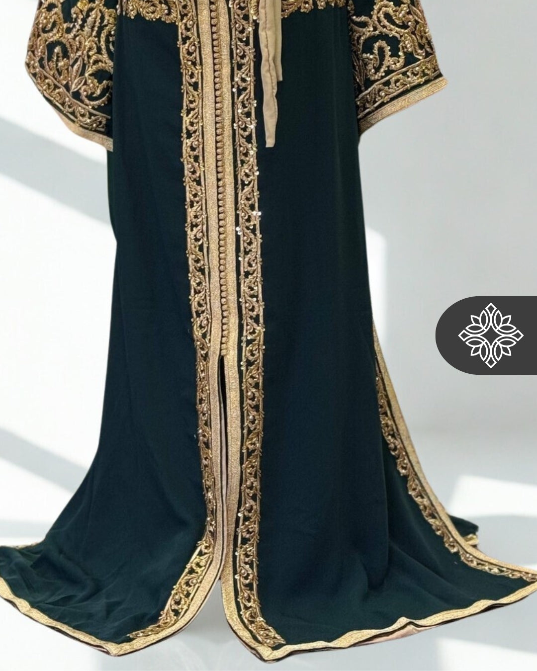 Deep Emerald Moroccan One-Piece Kaftan | Tonal Gold Embroidery | Luxury Caftan Dress
