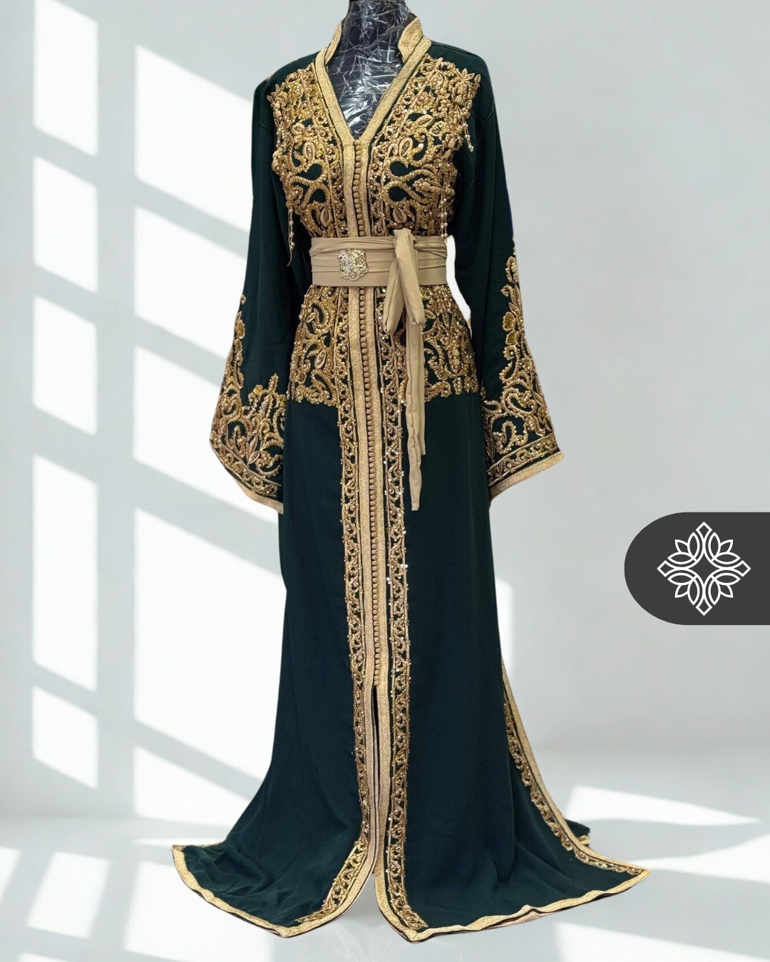 Deep Emerald Moroccan One-Piece Kaftan | Tonal Gold Embroidery | Luxury Caftan Dress