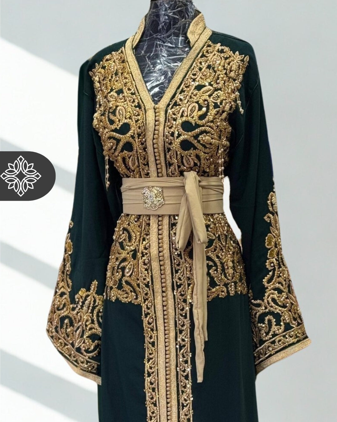 Deep Emerald Moroccan One-Piece Kaftan | Tonal Gold Embroidery | Luxury Caftan Dress