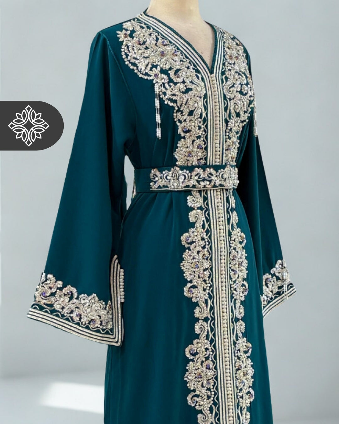 Teal One-Piece Kaftan | Royal Silver Embroidery & Beads | Moroccan