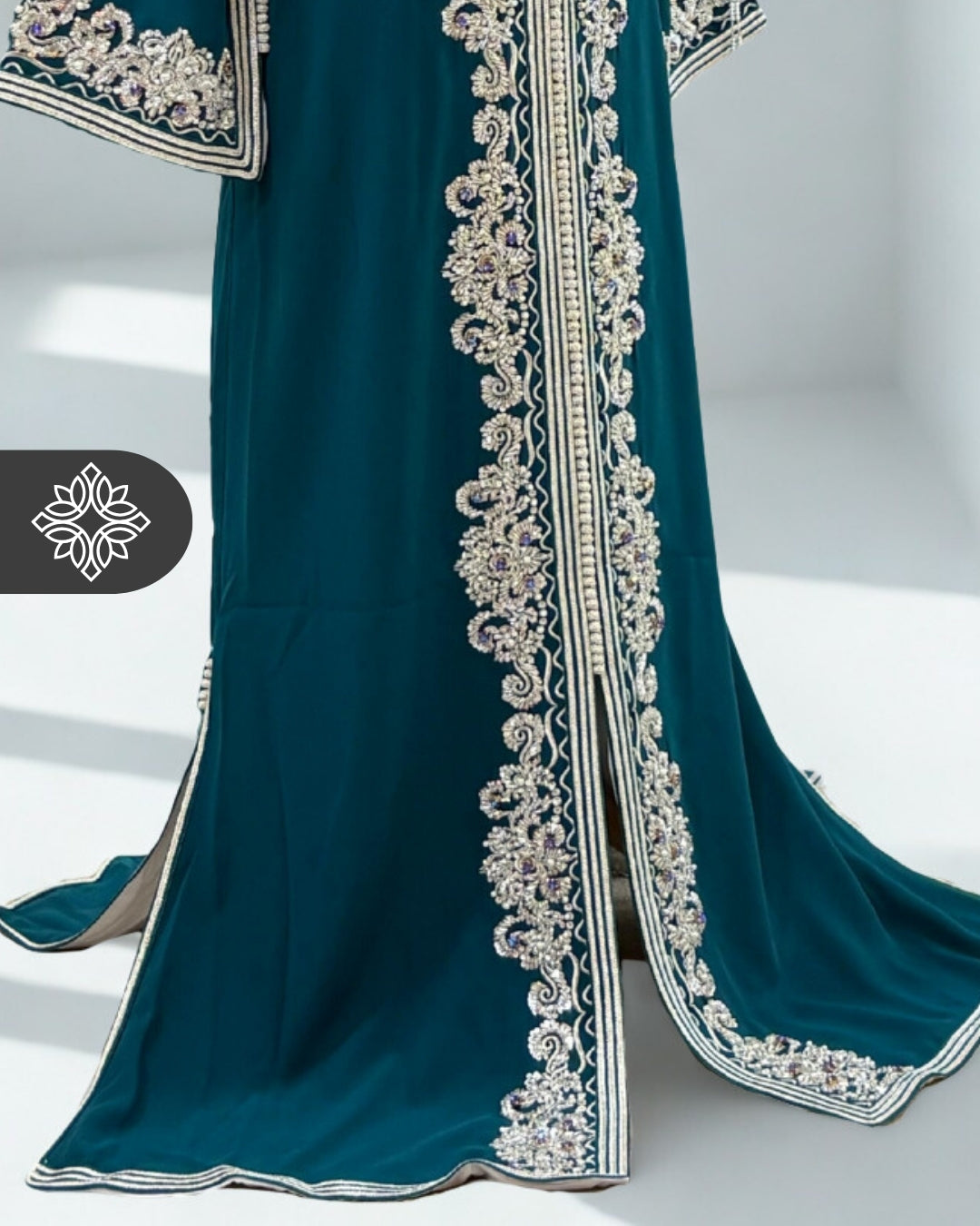 Light Beige One-Piece Kaftan | Refined Silver Embroidery & Beads | Moroccan Caftan