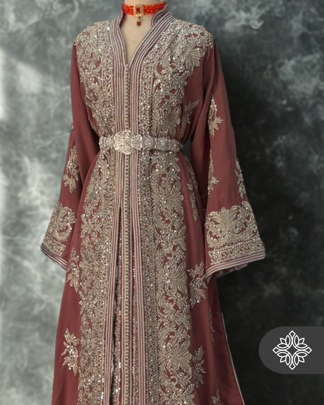 Dusky Rose Moroccan Takchita | Luxury Two-Piece Kaftan | Silver Heritage Embroidery