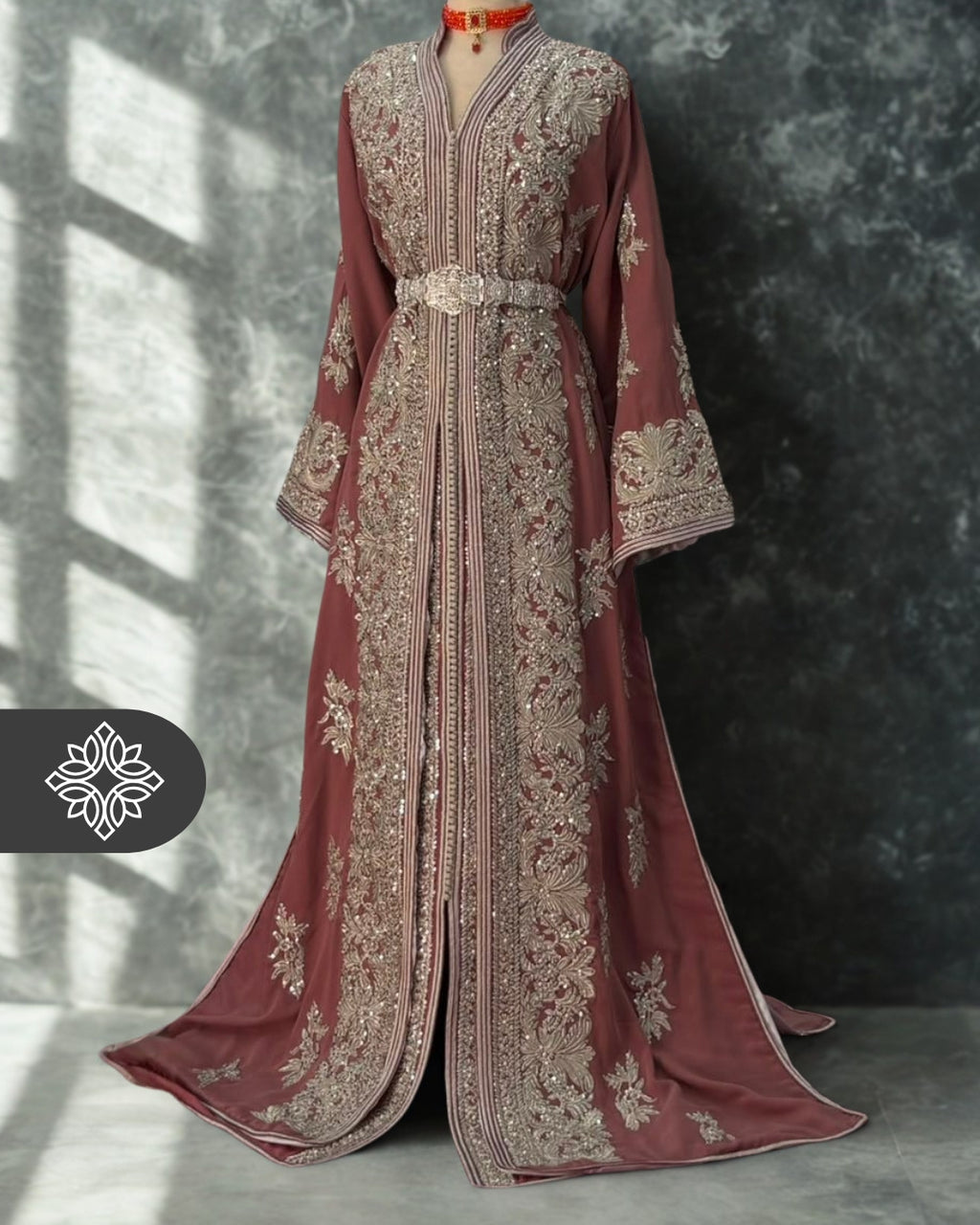 Dusky Rose Moroccan Takchita | Luxury Two-Piece Kaftan | Silver Heritage Embroidery