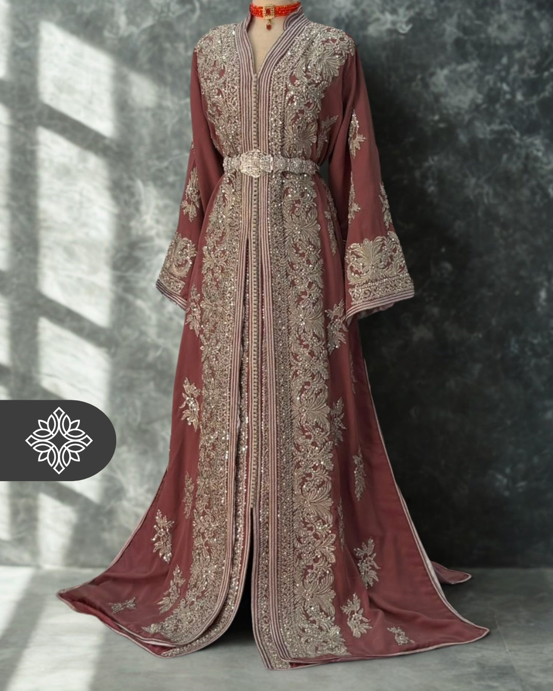 Dusky Rose Moroccan Takchita | Luxury Two-Piece Kaftan | Silver Heritage Embroidery