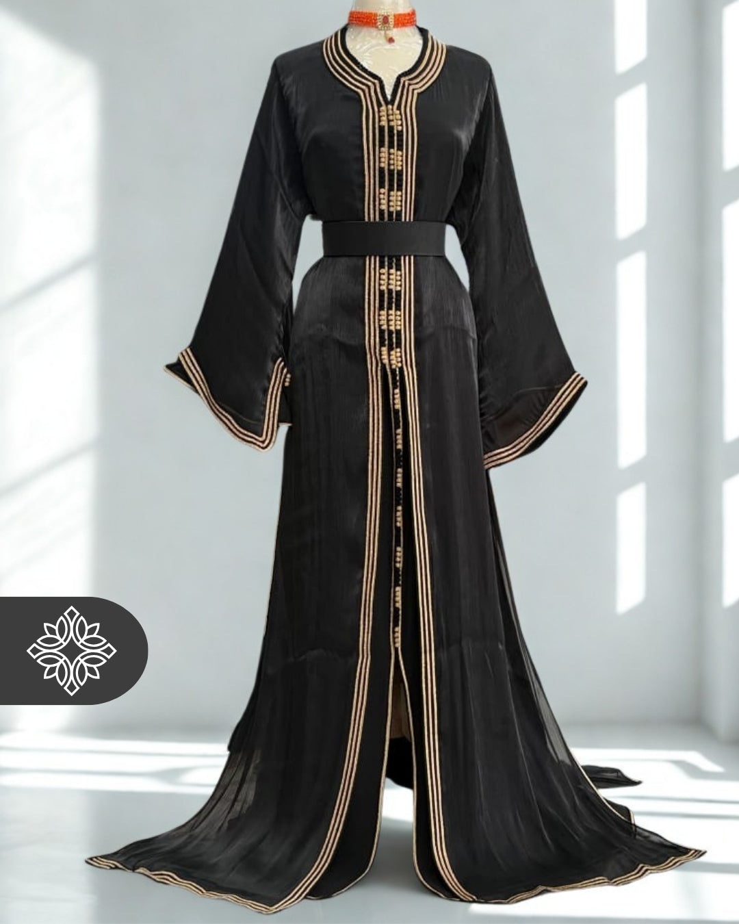 Elegant Black Moroccan Takchita | Midnight Gold  Two-Piece Kaftan | Organza Couture