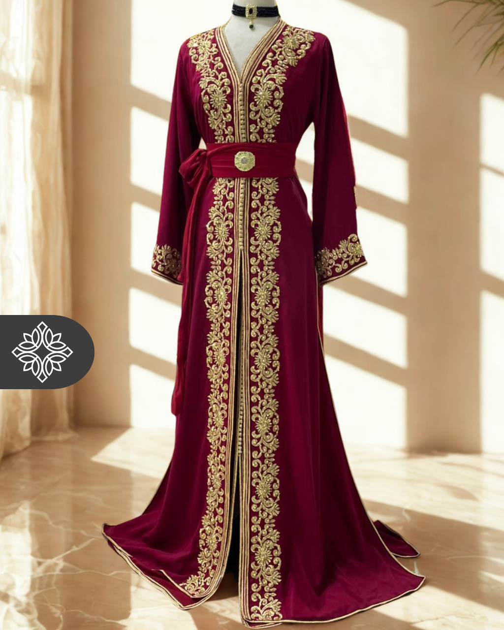 Elegant Moroccan Kaftan — Royal Burgundy with Gold Embroidery | Luxury Caftan Marocain