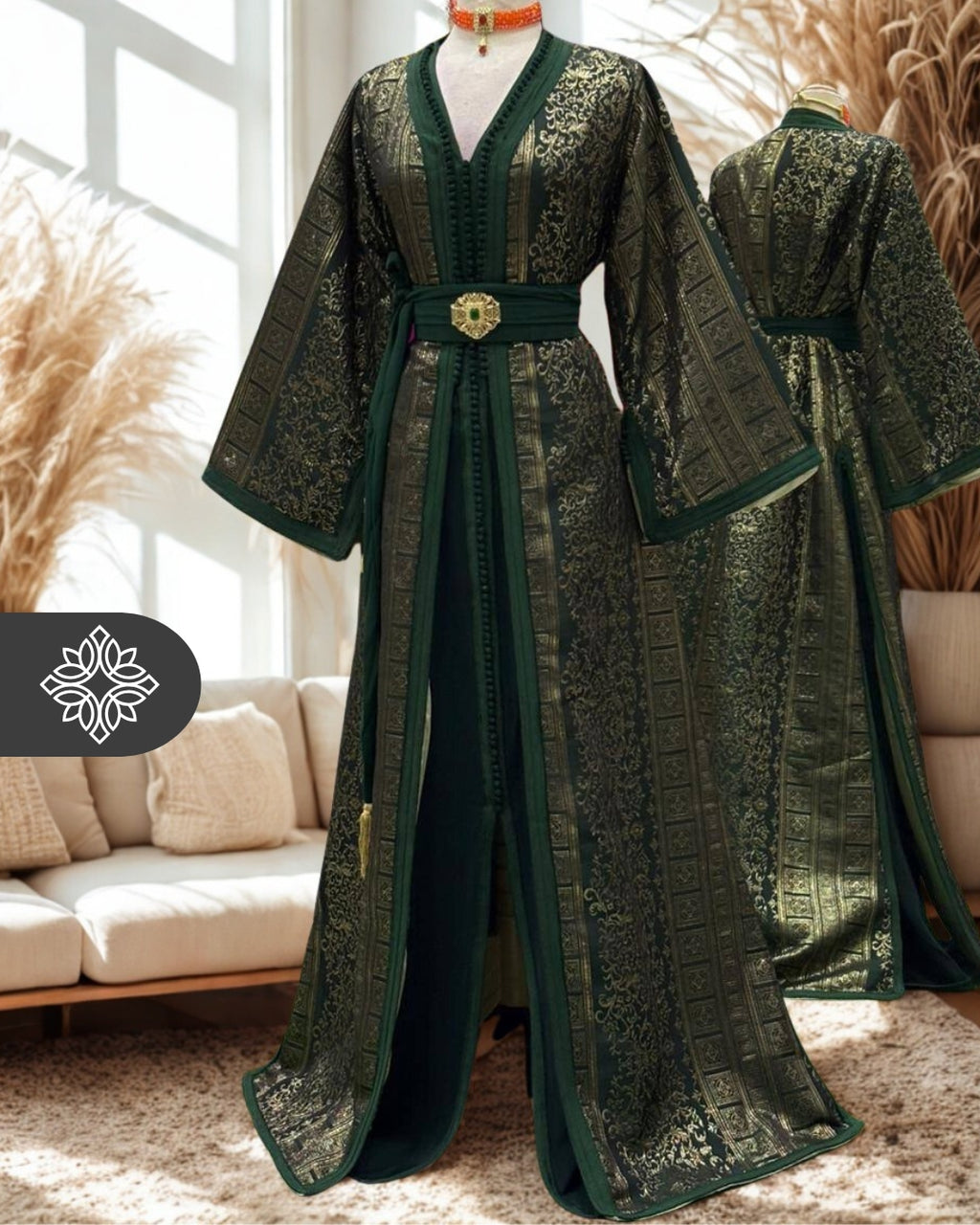 Emerald Gold Moroccan Two-Piece Kaftan | Regal Brocade Elegance