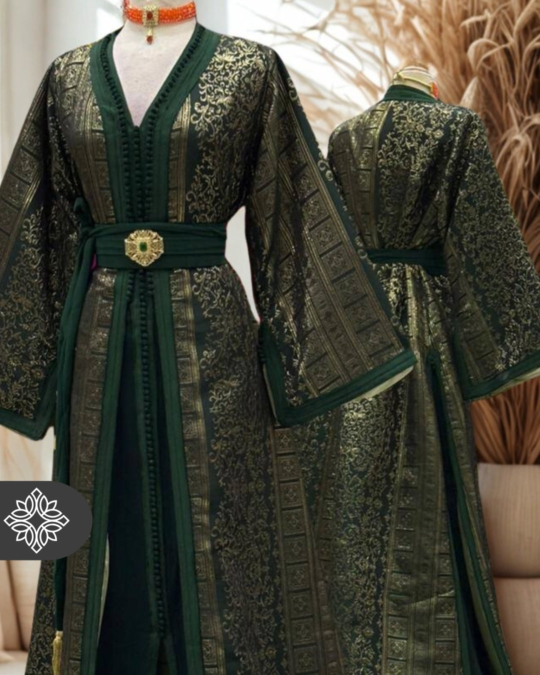 Emerald Gold Moroccan Two-Piece Kaftan | Regal Brocade Elegance