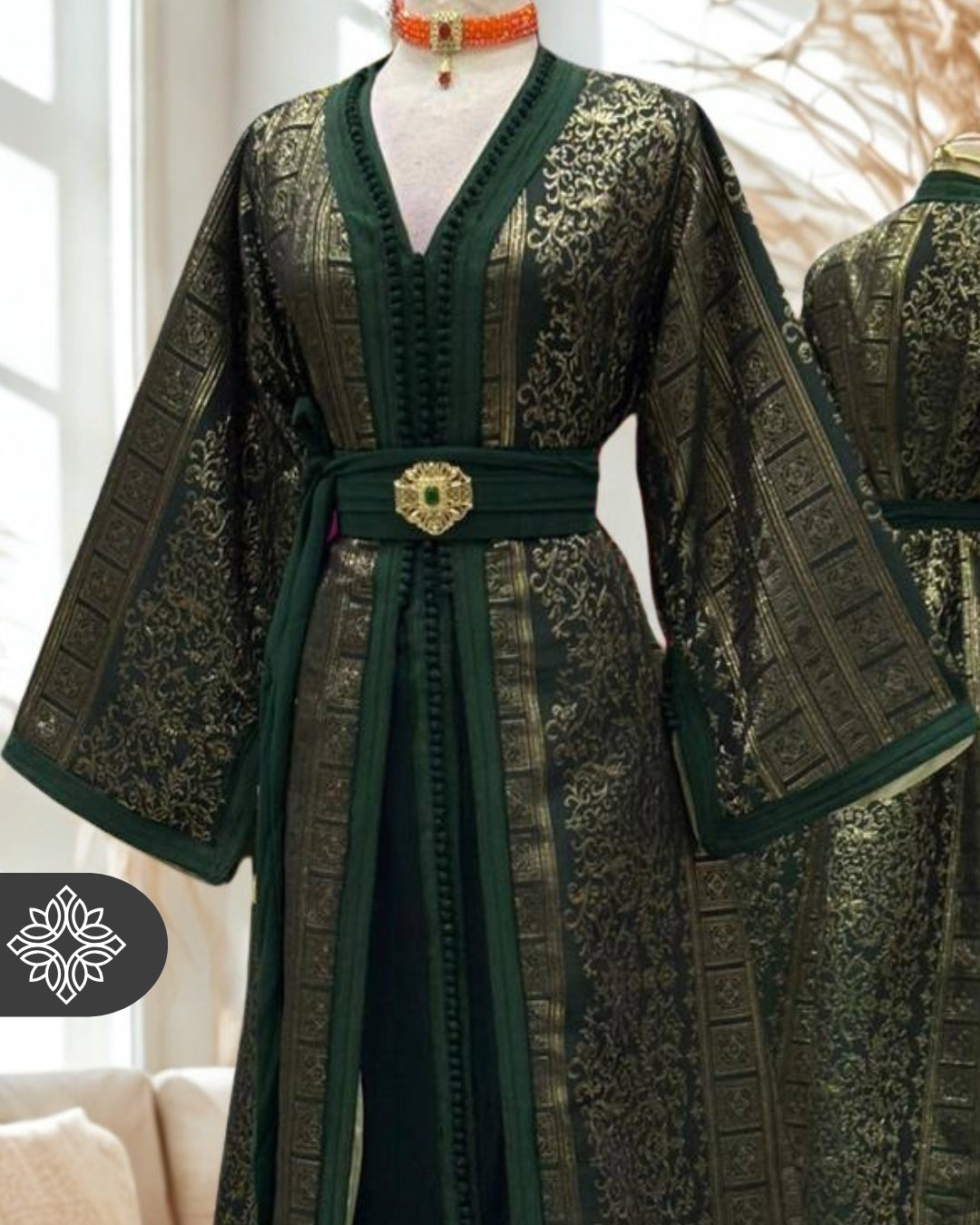 Emerald Gold Moroccan Two-Piece Kaftan | Regal Brocade Elegance