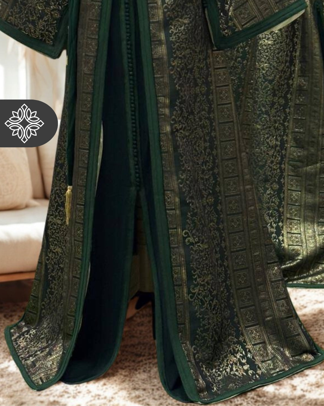 Emerald Gold Moroccan Two-Piece Kaftan | Regal Brocade Elegance
