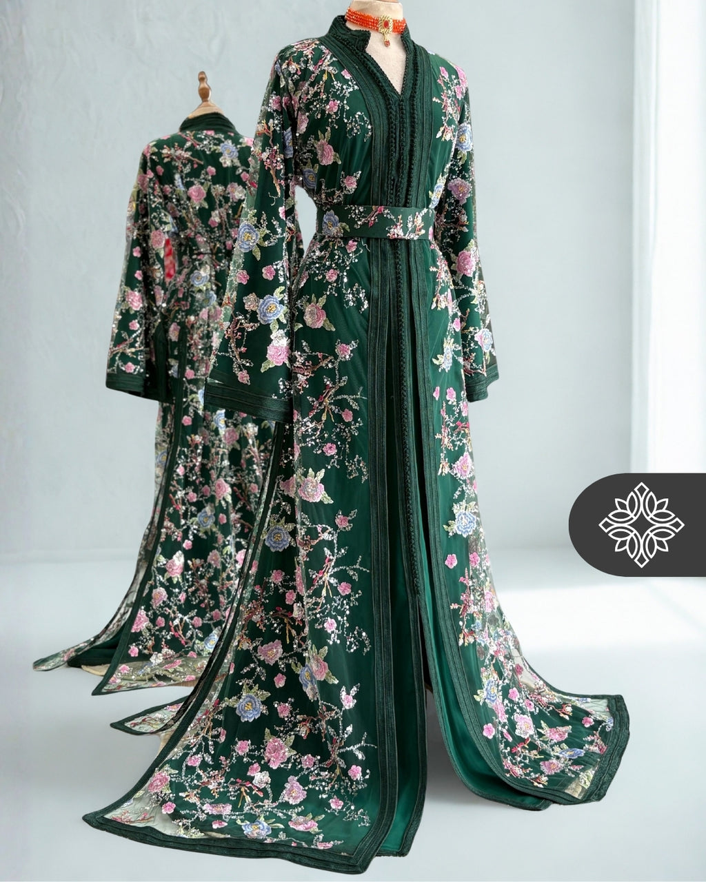 Emerald Green Floral Moroccan Takchita | Royal Couture | Luxury Two-Piece Kaftan