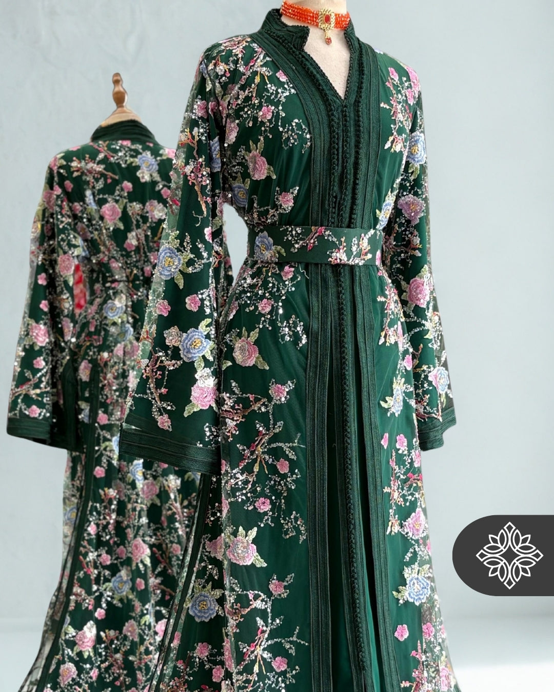 Black Floral Moroccan Takchita | Luxury Two-Piece Kaftan