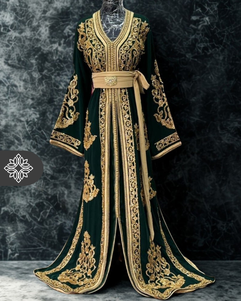 Emerald Green Moroccan Heritage Takchita | Golden Royal Embroidery | Haute Couture Two-Piece Kaftan