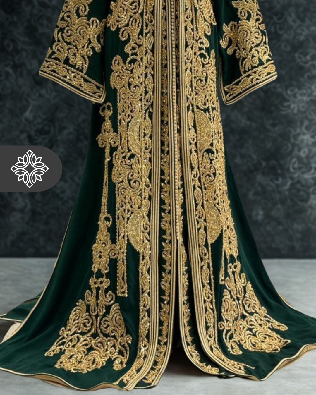 Emerald Green Moroccan Takchita | Luxury Two-Piece Kaftan | Golden Hand Embroidery