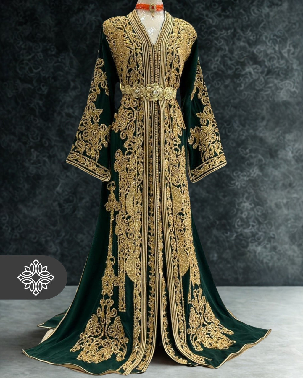 Emerald Green Moroccan Takchita | Luxury Two-Piece Kaftan | Golden Hand Embroidery
