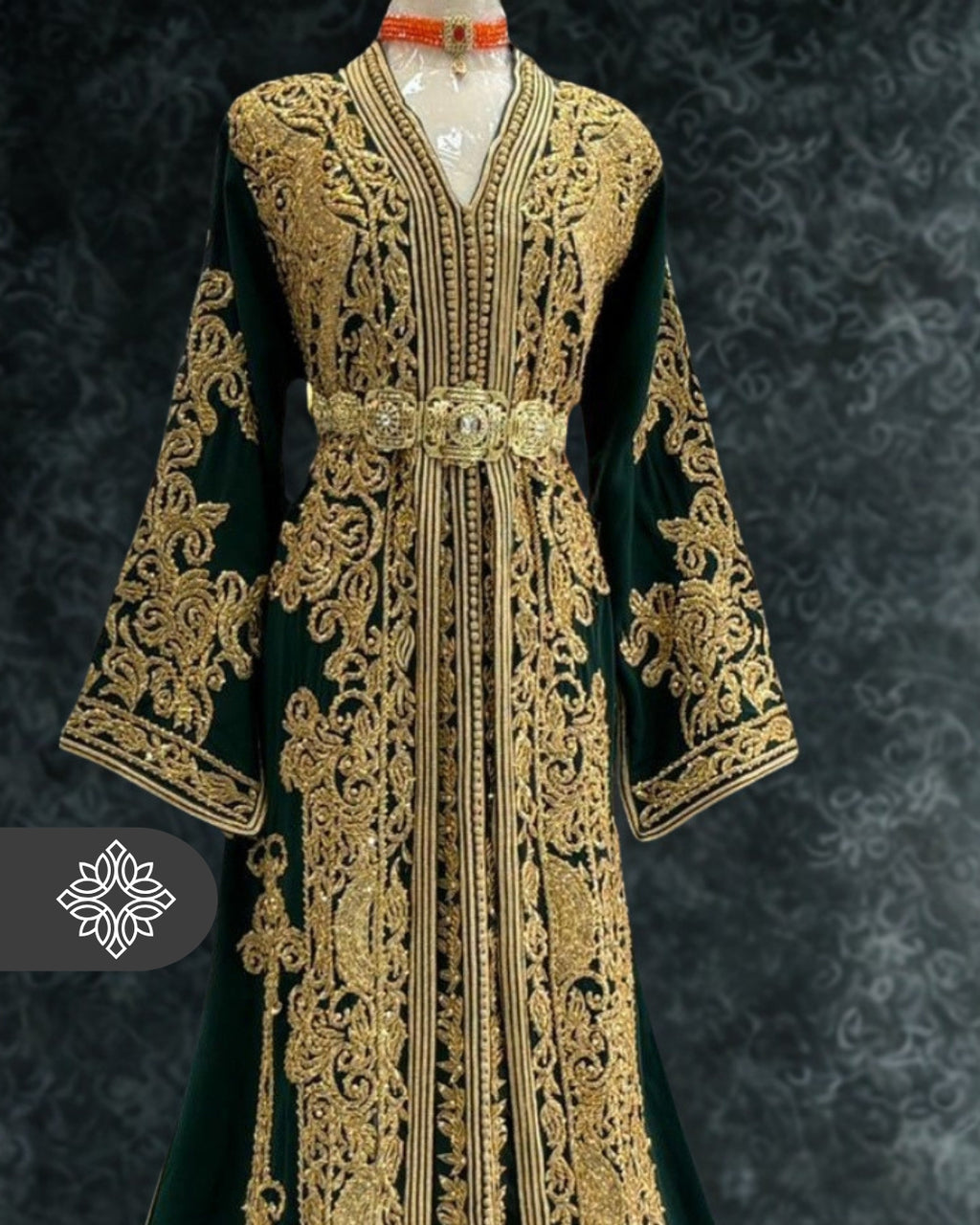 Emerald Green Moroccan Takchita | Luxury Two-Piece Kaftan | Golden Hand Embroidery