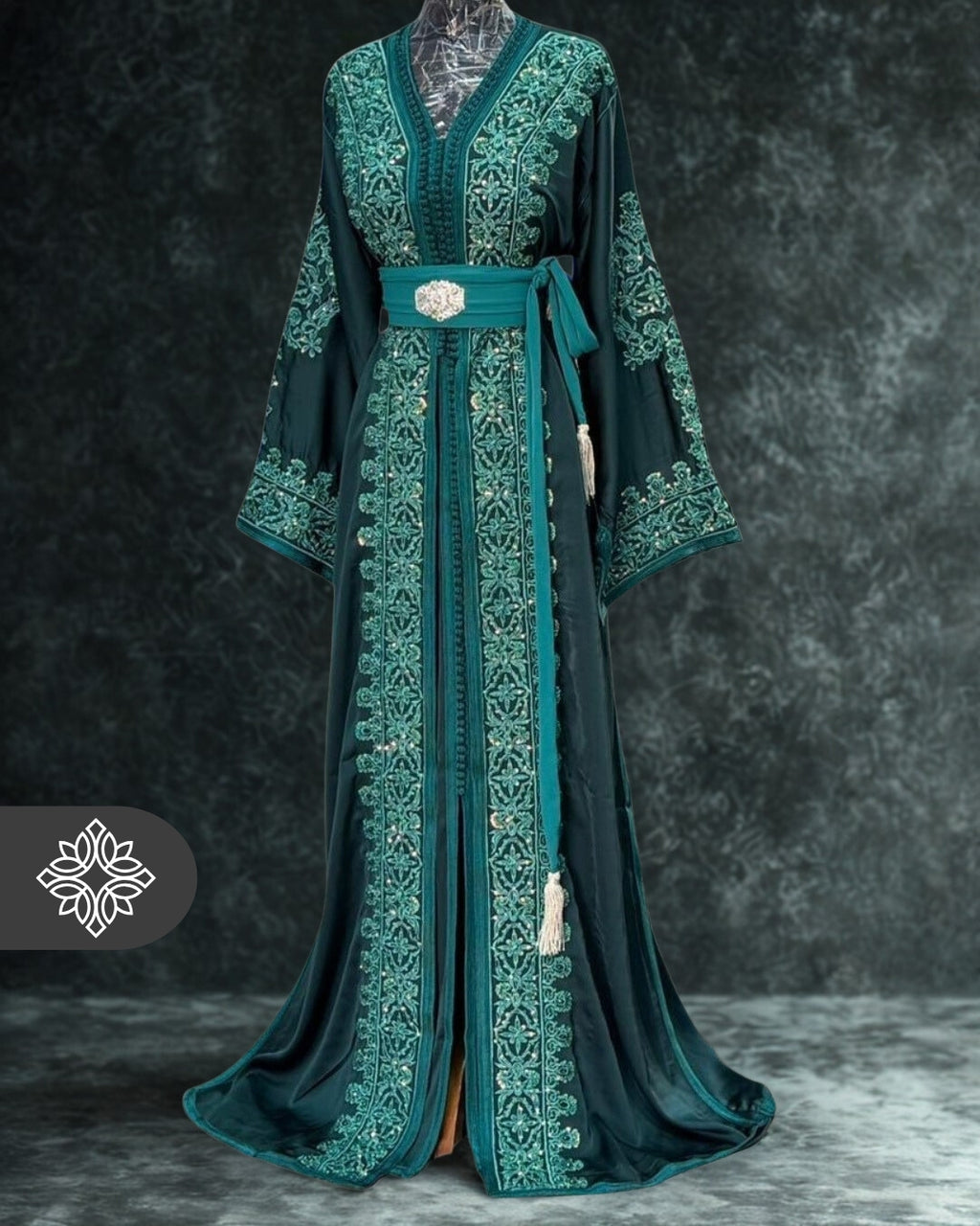 Emerald Green Moroccan Takchita | Refined Heritage Embroidery | Luxury Two-Piece Kaftan