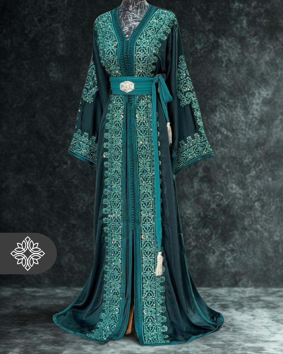 Emerald Green Moroccan Takchita | Refined Heritage Embroidery | Luxury Two-Piece Kaftan