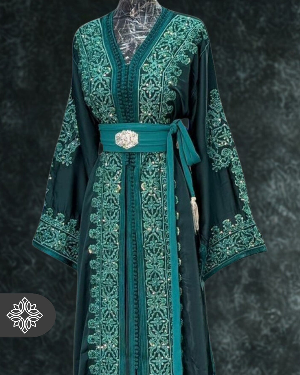 Emerald Green Moroccan Takchita | Refined Heritage Embroidery | Luxury Two-Piece Kaftan