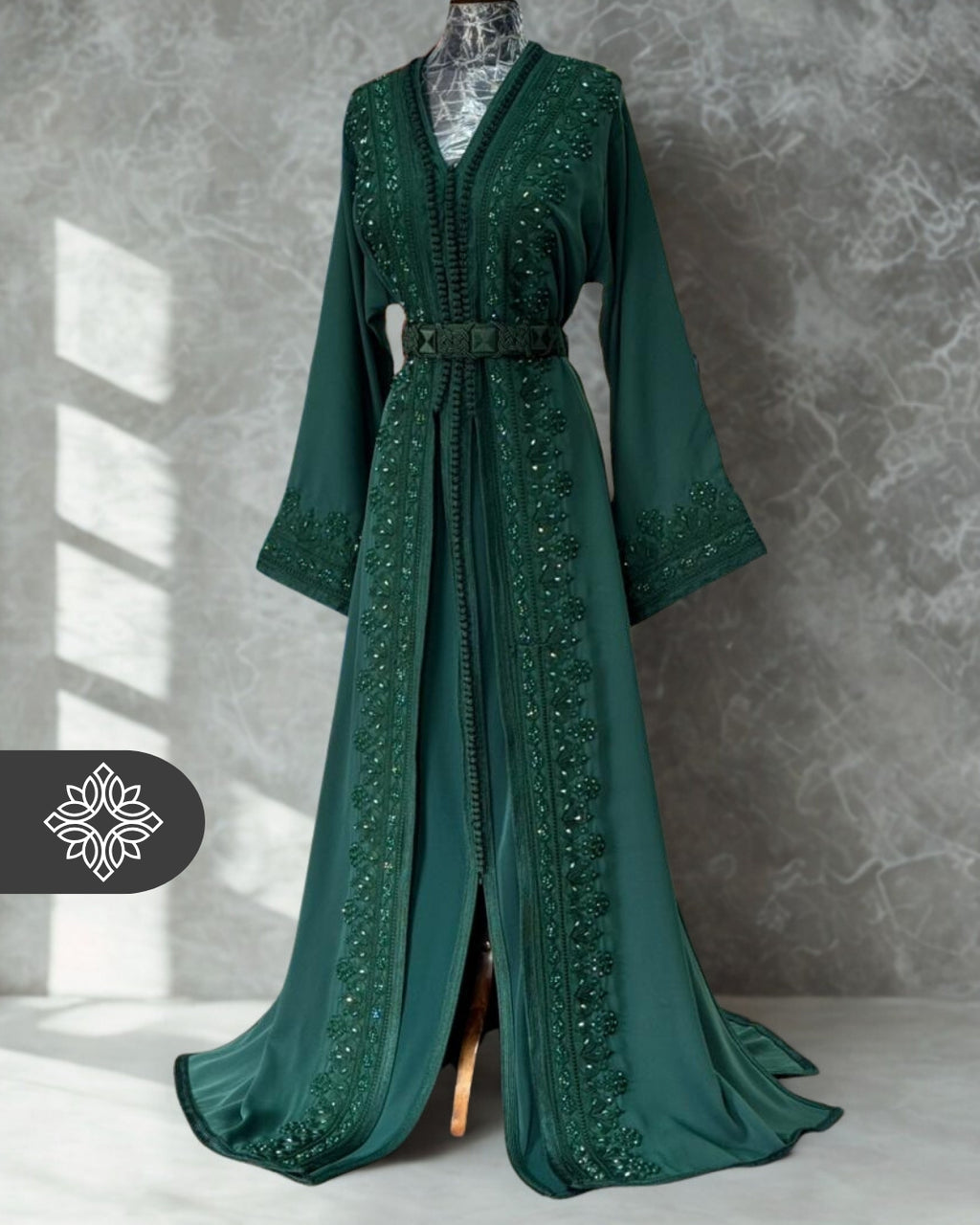 Emerald Green Moroccan Takchita | Elegant Haute Couture Two-Piece Kaftan