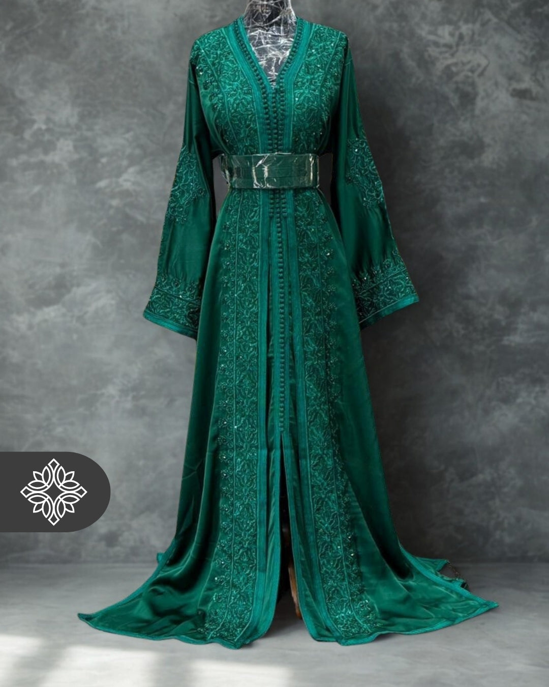 Emerald Green Moroccan Takchita | Heritage Tonal Embroidery & Stone Embellishment | Couture Two-Piece Kaftan