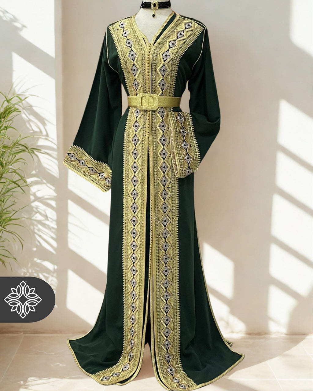 Emerald Green Moroccan Two-Piece Kaftan – Takchita Regal Gold Embroidery