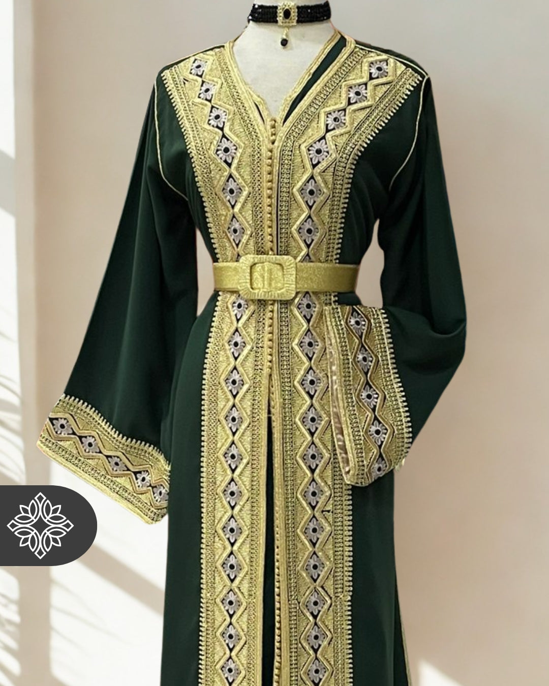 Emerald Green Moroccan Two-Piece Kaftan – Takchita Regal Gold Embroidery